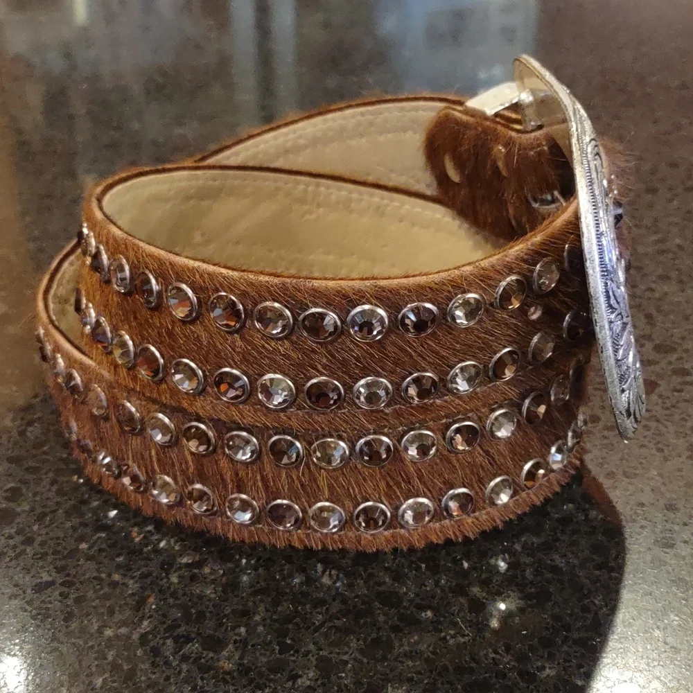 B.B. Simon | Crystal Embellished Brown Calf Hair Cowgirl Formal Western Belt